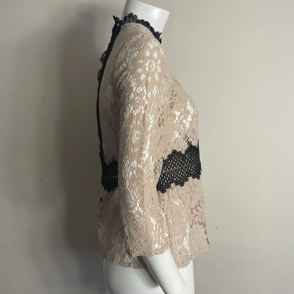 ZARA Lace Sheer Top XS Beige Black Floral High Neck Victorian Romantic Boho Lacy - Picture 8 of 15